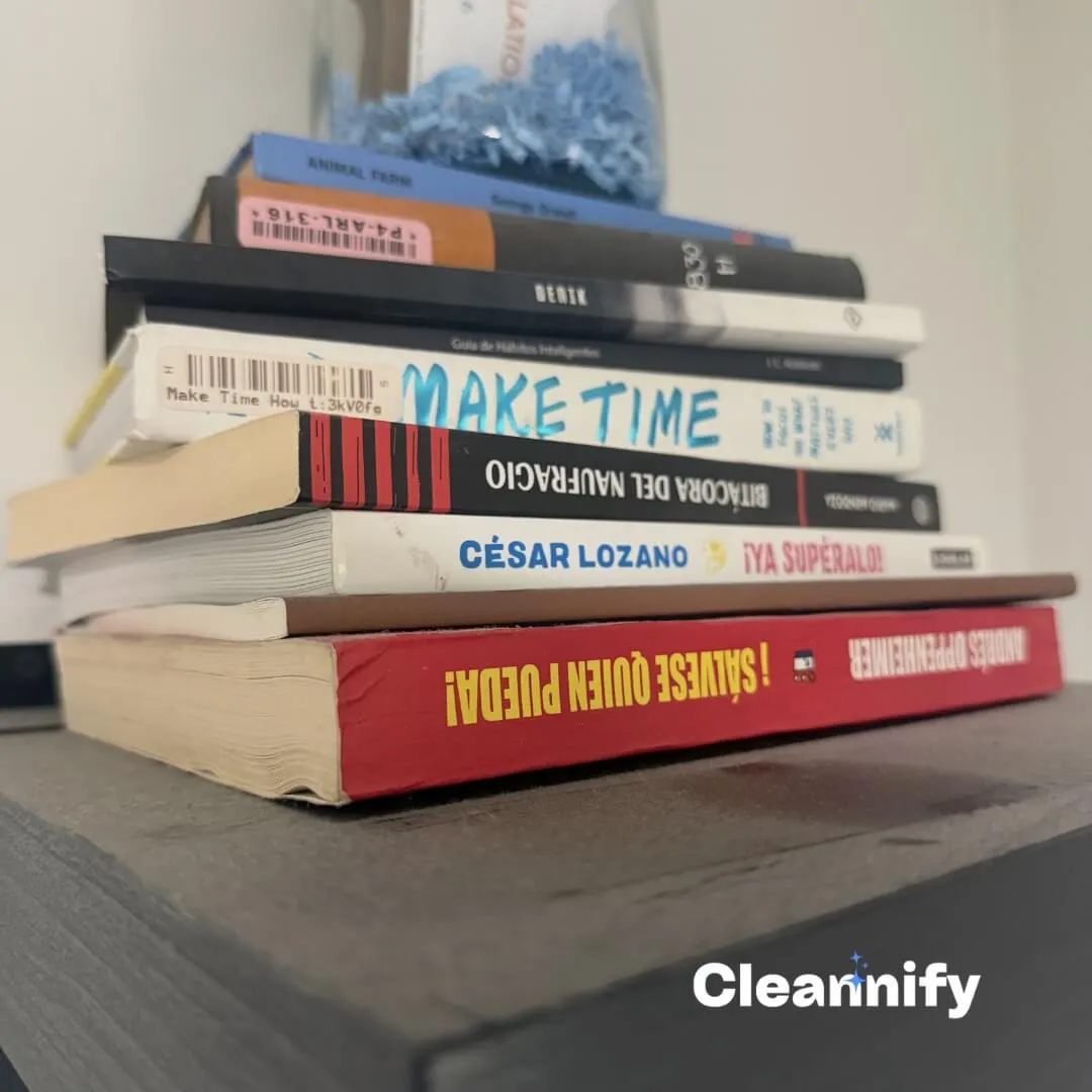 Before bedroom shelf cleaning in Charlotte showing dusty books