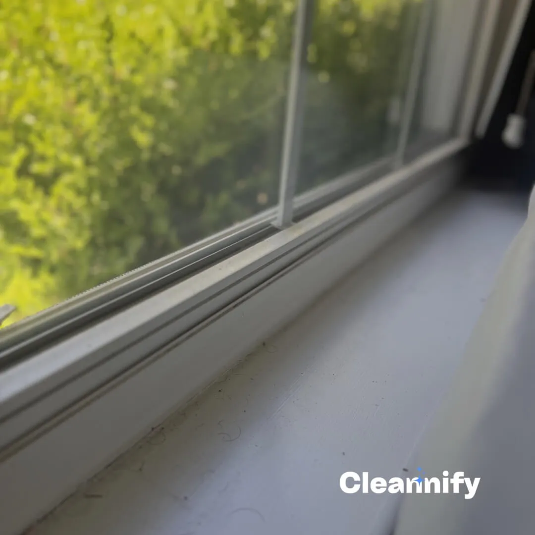 Before window sill cleaning in Charlotte showing dust and hair in the window track