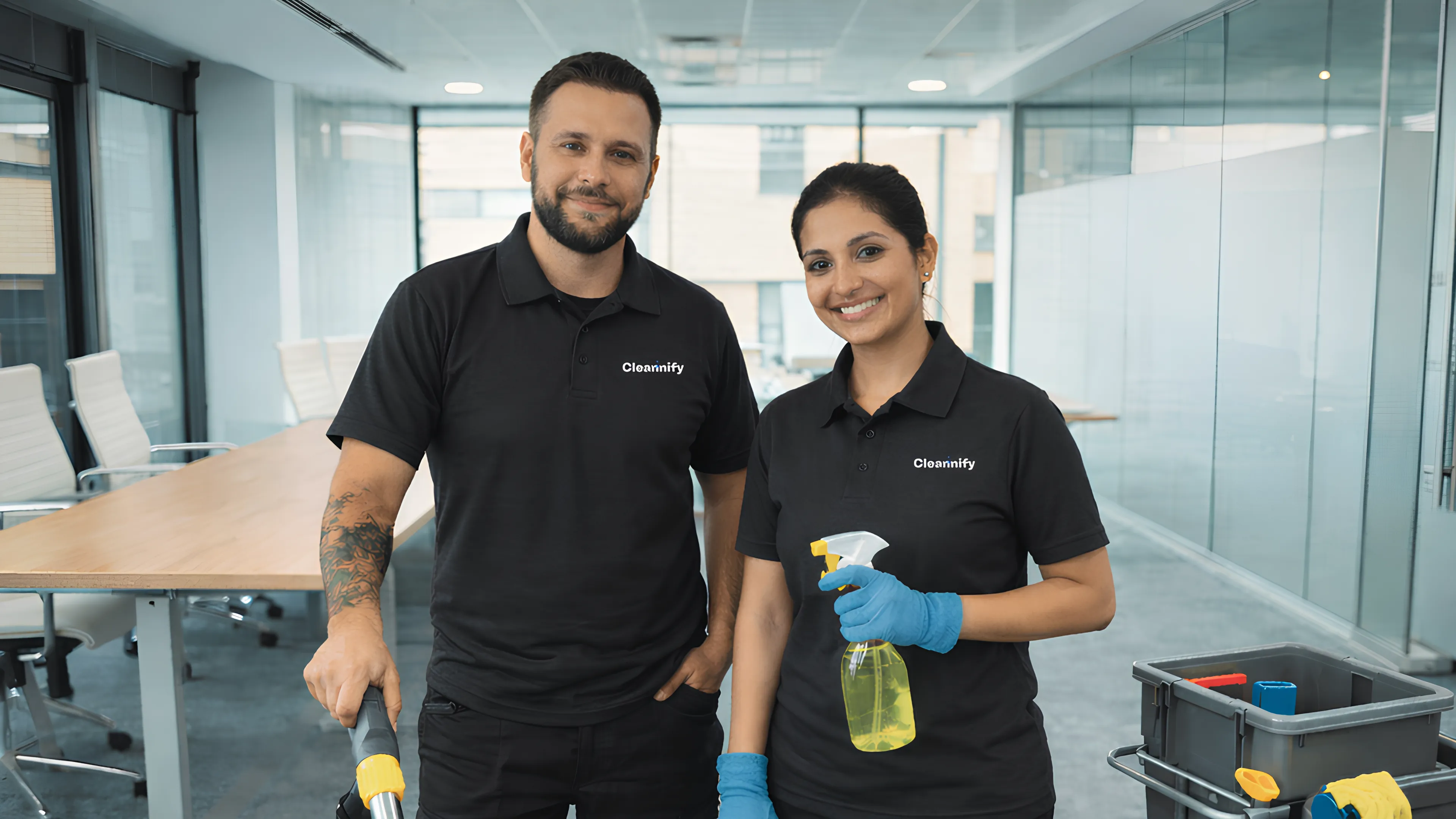 Professional commercial cleaners working inside a modern office in Charlotte, NC